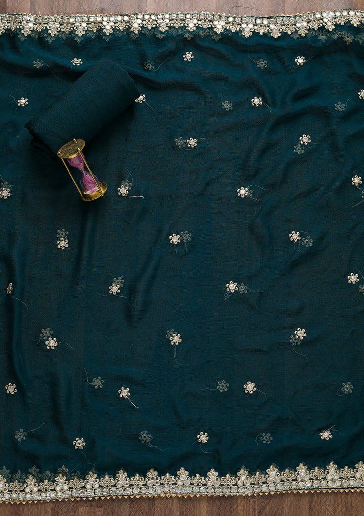 Peacock Blue Mirrorwork Semi Crepe Unstitched Salwar Suit-Koskii