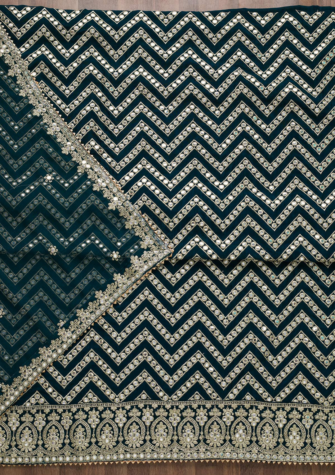 Peacock Blue Mirrorwork Semi Crepe Unstitched Salwar Suit-Koskii