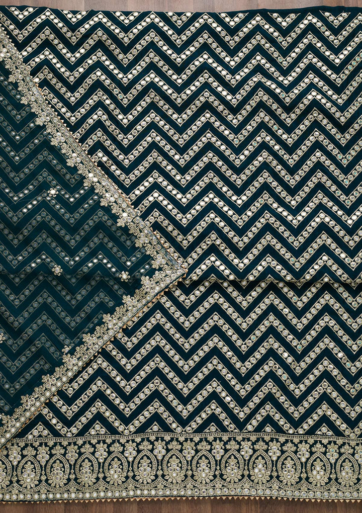 Peacock Blue Mirrorwork Semi Crepe Unstitched Salwar Suit-Koskii