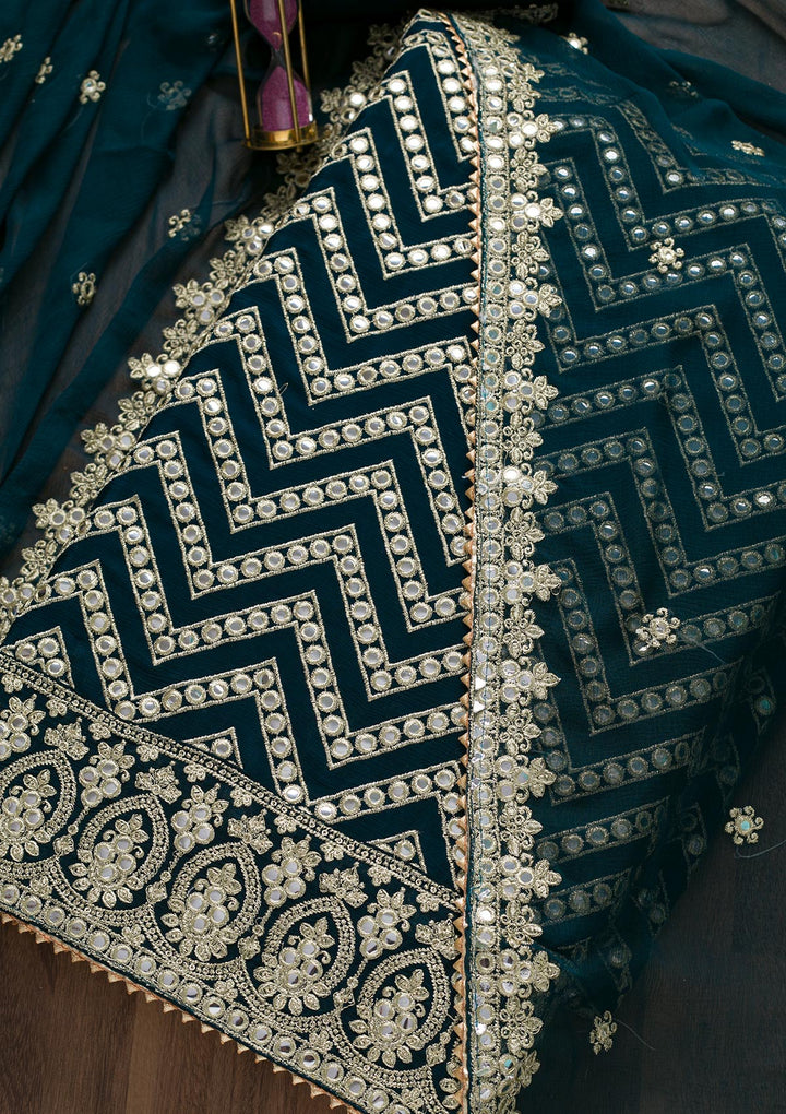 Peacock Blue Mirrorwork Semi Crepe Unstitched Salwar Suit-Koskii