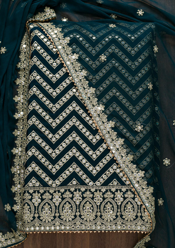 Peacock Blue Mirrorwork Semi Crepe Unstitched Salwar Suit-Koskii