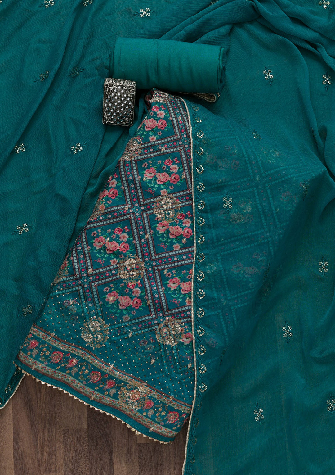 Peacock Blue Printed Art Silk Unstitched Salwar Suit-Koskii