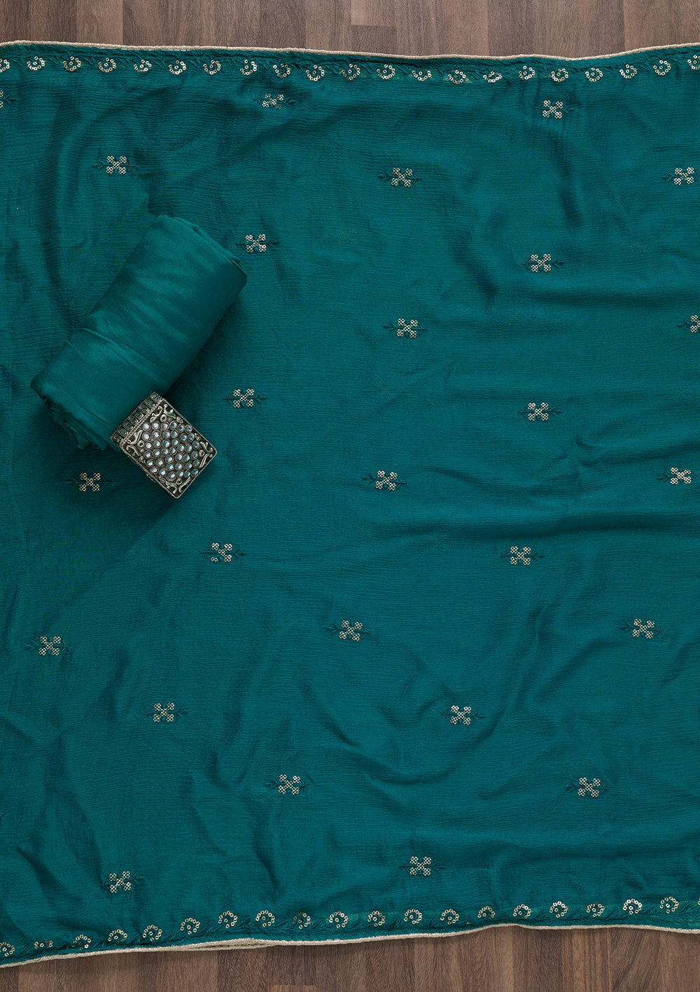 Peacock Blue Printed Art Silk Unstitched Salwar Suit-Koskii