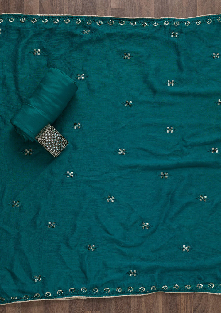 Peacock Blue Printed Art Silk Unstitched Salwar Suit-Koskii