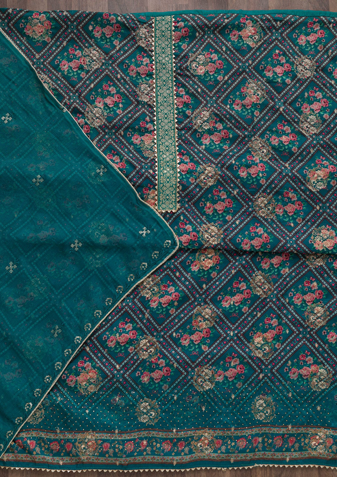 Peacock Blue Printed Art Silk Unstitched Salwar Suit-Koskii