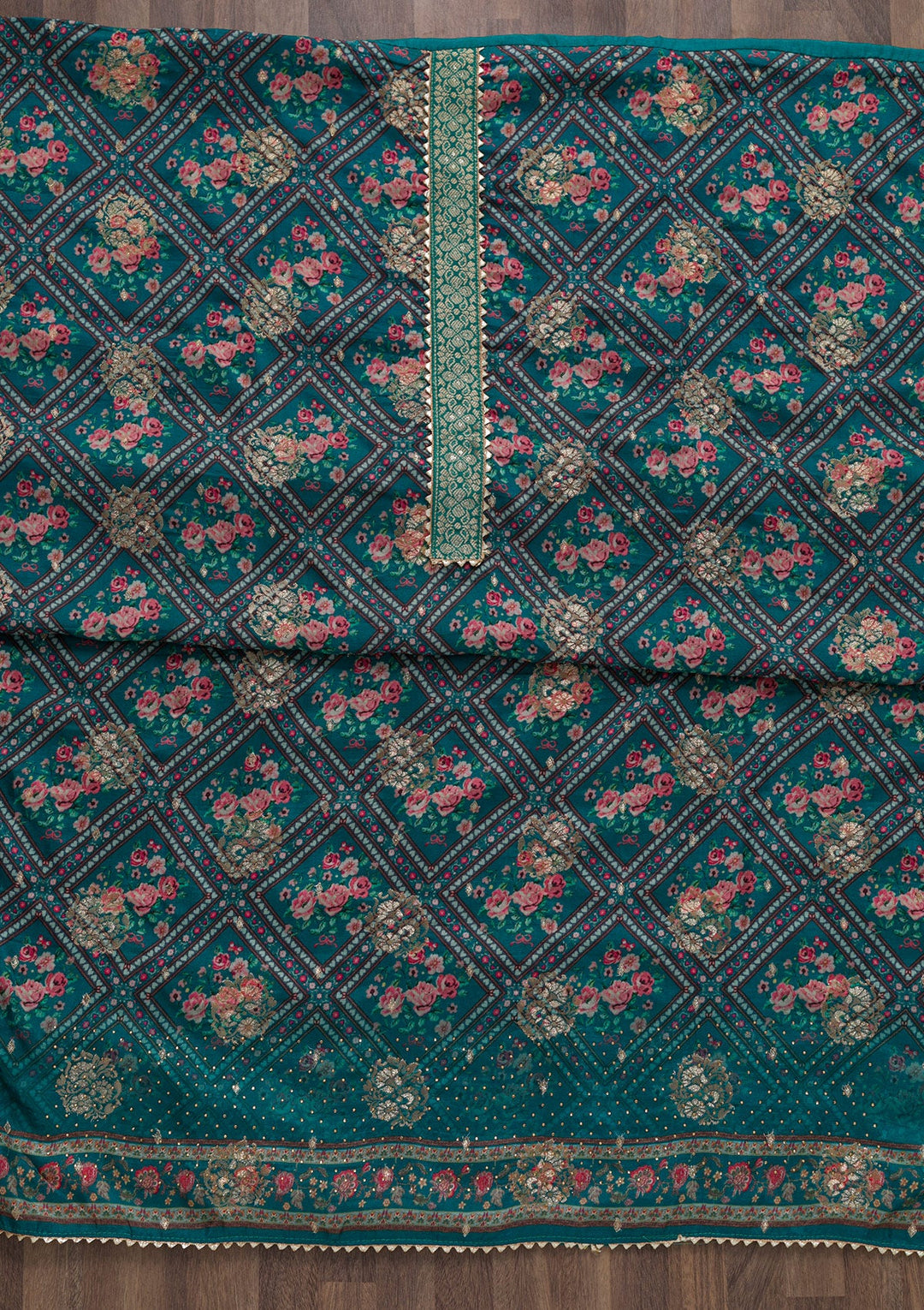Peacock Blue Printed Art Silk Unstitched Salwar Suit-Koskii
