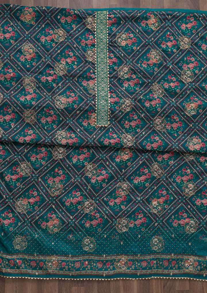 Peacock Blue Printed Art Silk Unstitched Salwar Suit-Koskii