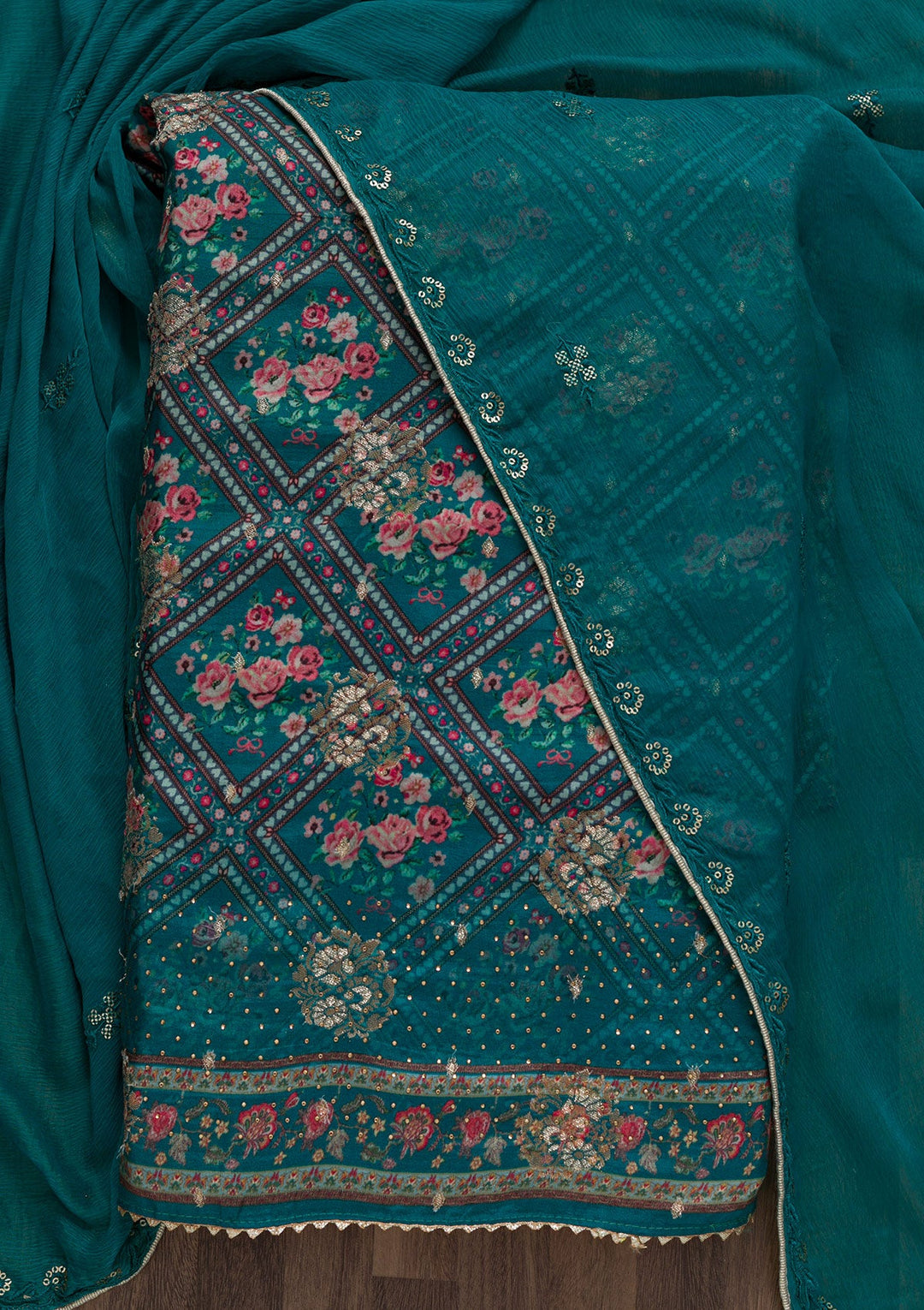 Peacock Blue Printed Art Silk Unstitched Salwar Suit-Koskii