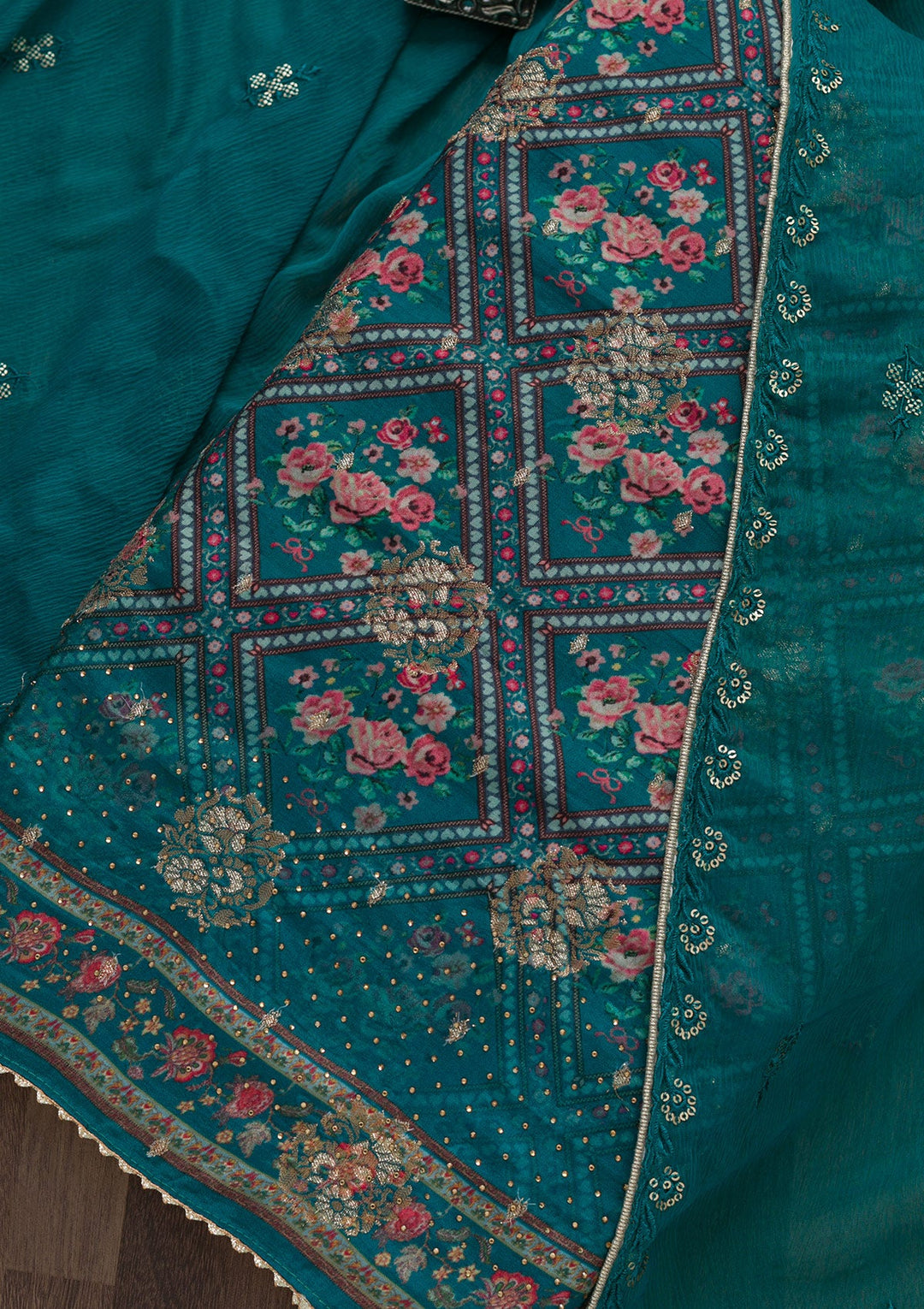 Peacock Blue Printed Art Silk Unstitched Salwar Suit-Koskii