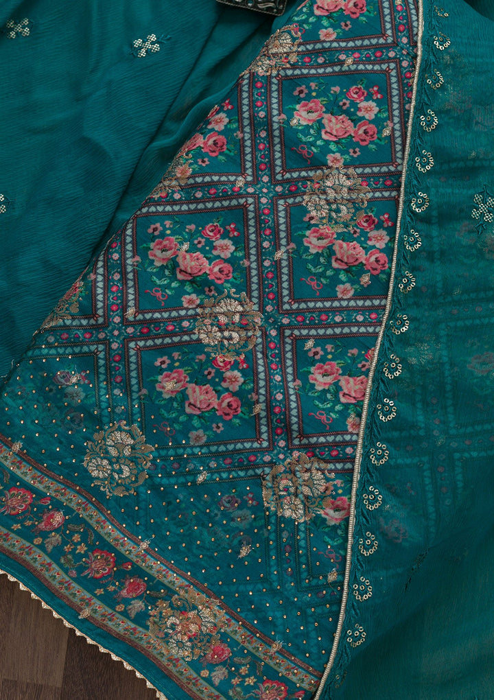 Peacock Blue Printed Art Silk Unstitched Salwar Suit-Koskii