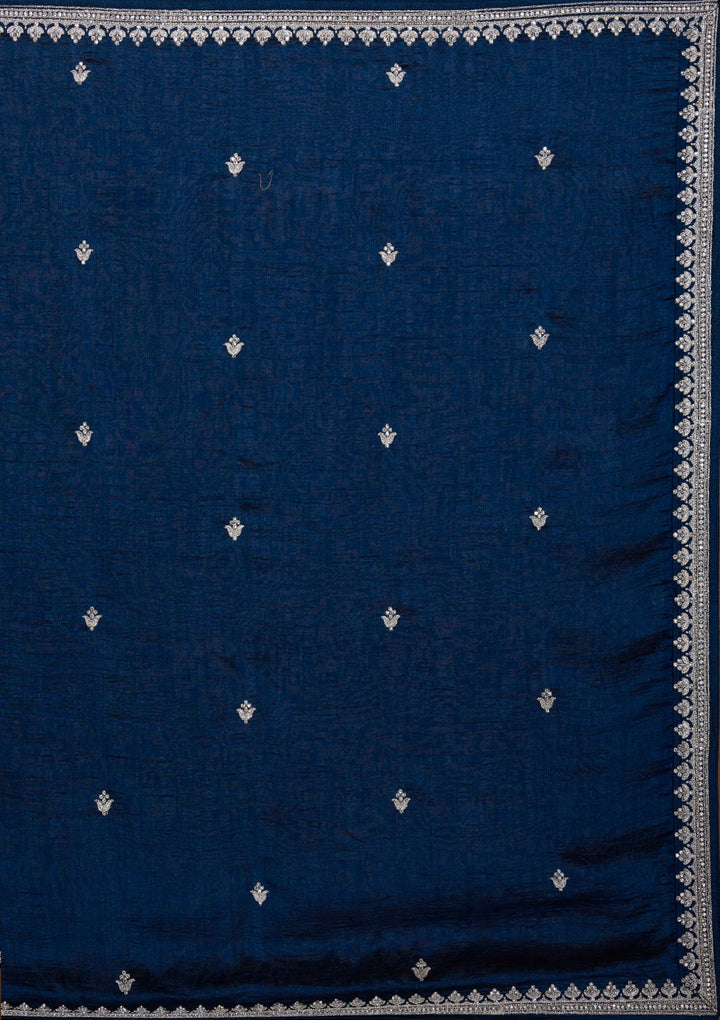 Peacock Blue Silver Zariwork Raw Silk Lehenga-Koskii