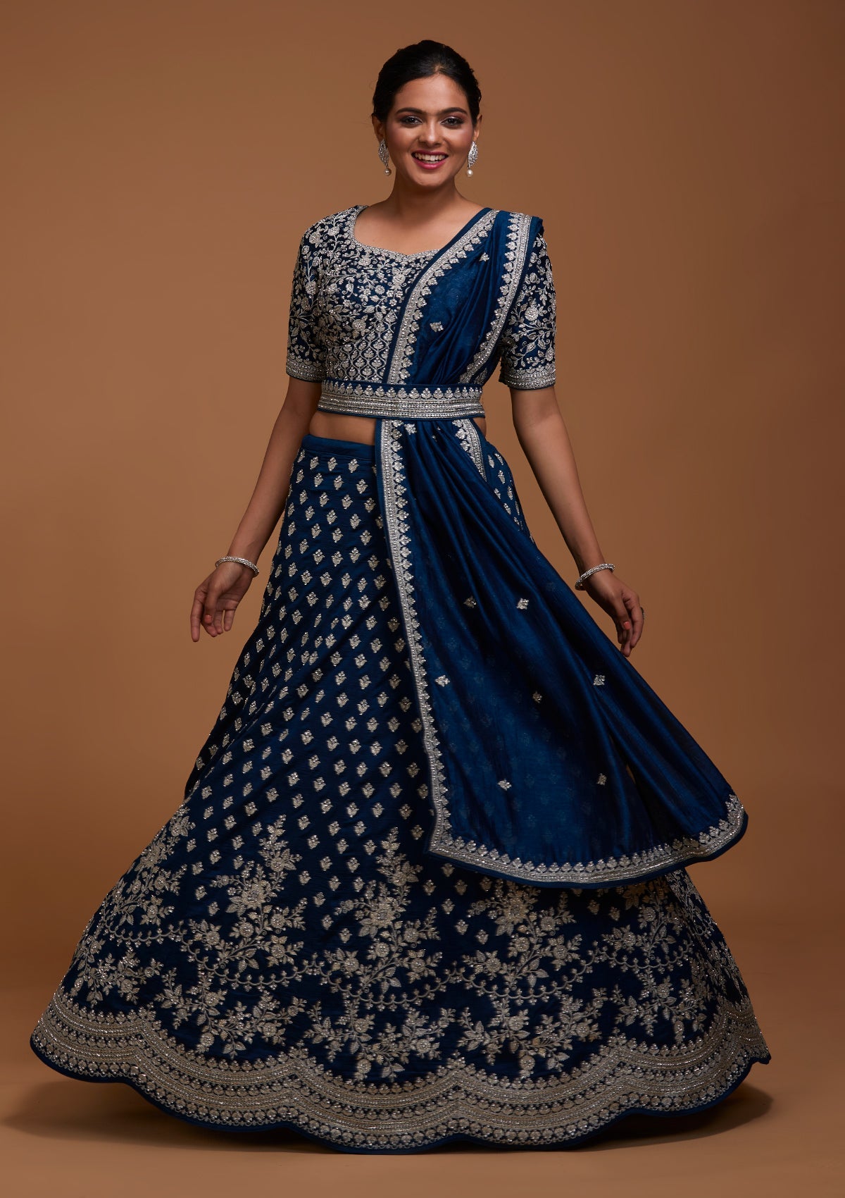 Peacock Blue Silver Zariwork Raw Silk Lehenga-Koskii