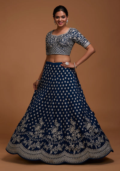 Peacock Blue Silver Zariwork Raw Silk Lehenga-Koskii