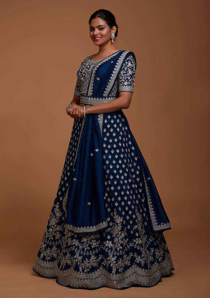Peacock Blue Silver Zariwork Raw Silk Lehenga-Koskii