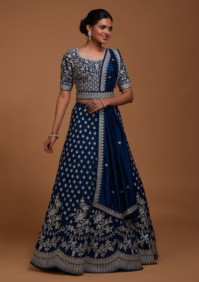 Peacock Blue Silver Zariwork Raw Silk Lehenga-Koskii