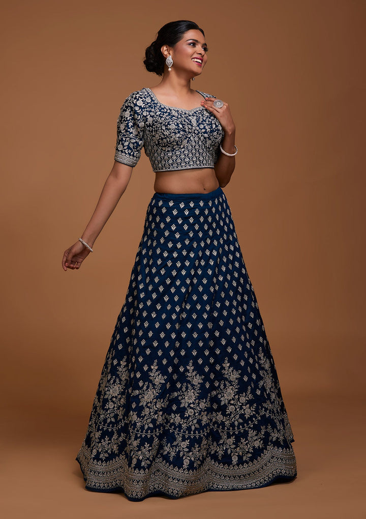 Peacock Blue Silver Zariwork Raw Silk Lehenga-Koskii