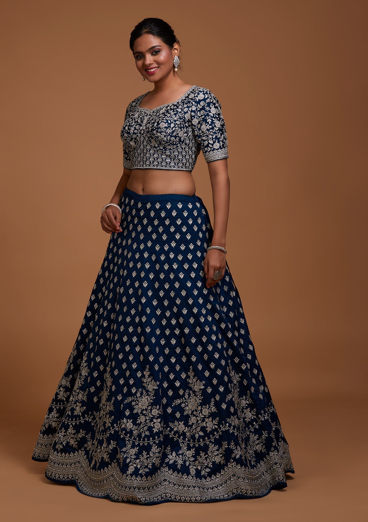 Peacock Blue Silver Zariwork Raw Silk Lehenga-Koskii