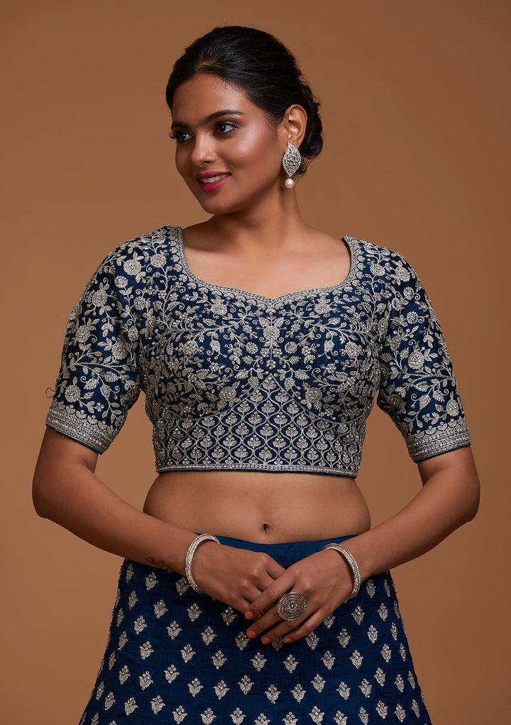 Peacock Blue Silver Zariwork Raw Silk Lehenga-Koskii