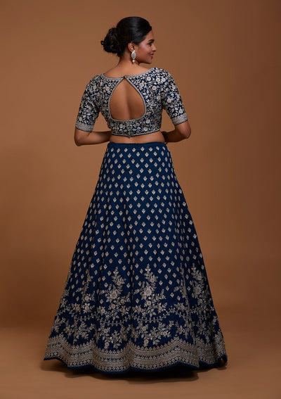 Peacock Blue Silver Zariwork Raw Silk Lehenga-Koskii