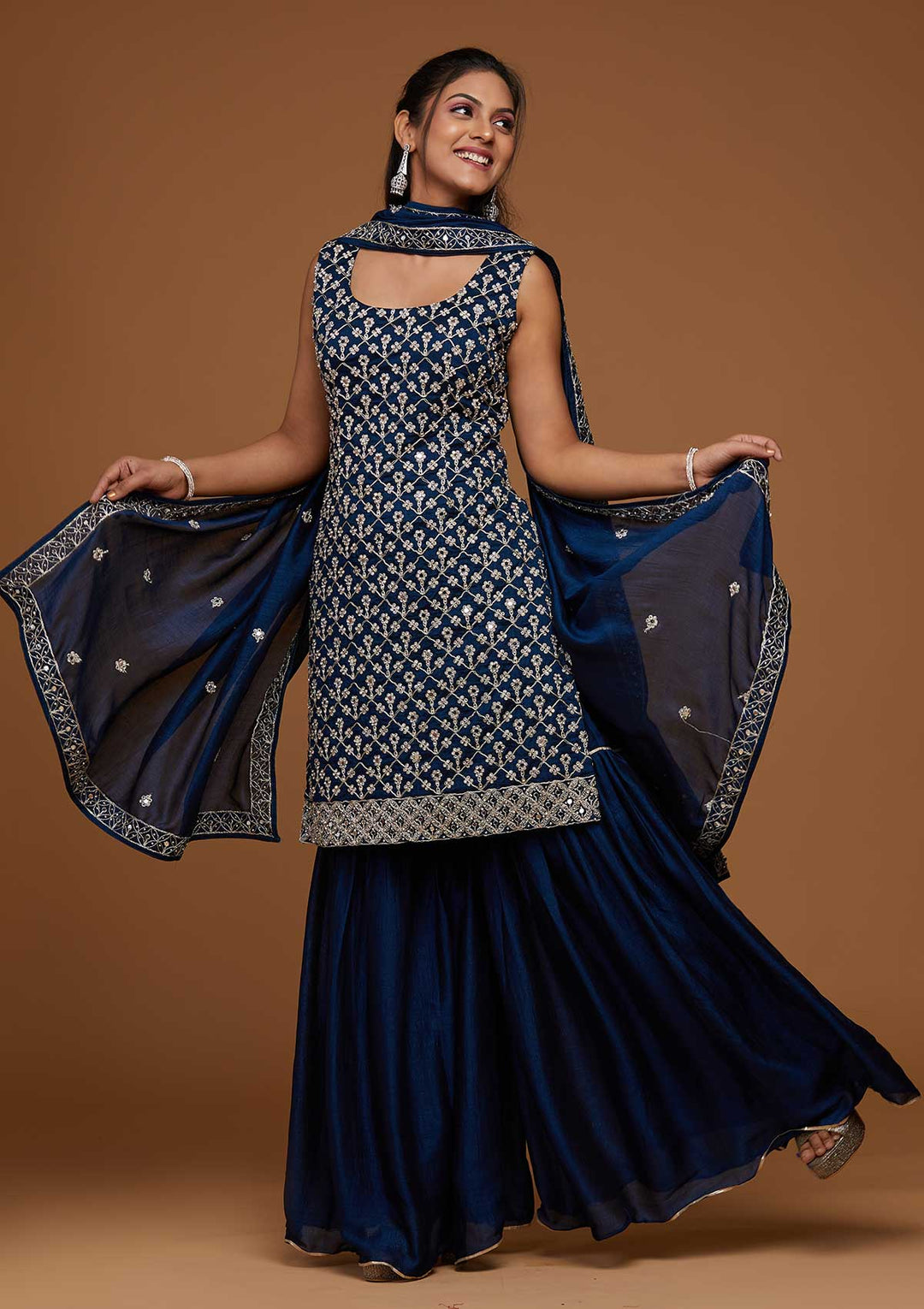 Peacock Blue Silver Zariwork Raw Silk Designer Salwar Suit-Koskii