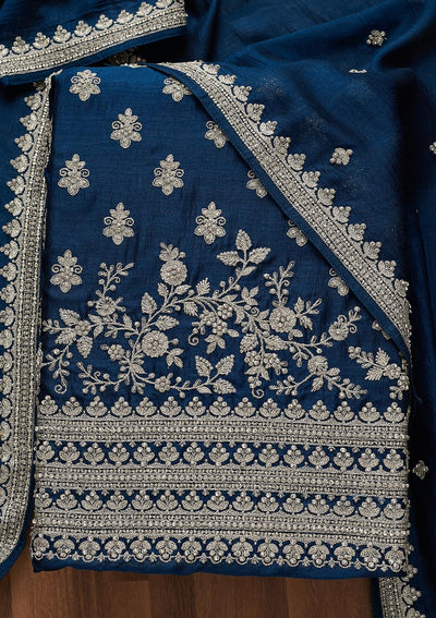 Peacock Blue Silver Zariwork Raw Silk Unstitched Salwar Suit-Koskii