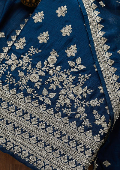 Peacock Blue Silver Zariwork Raw Silk Unstitched Salwar Suit-Koskii