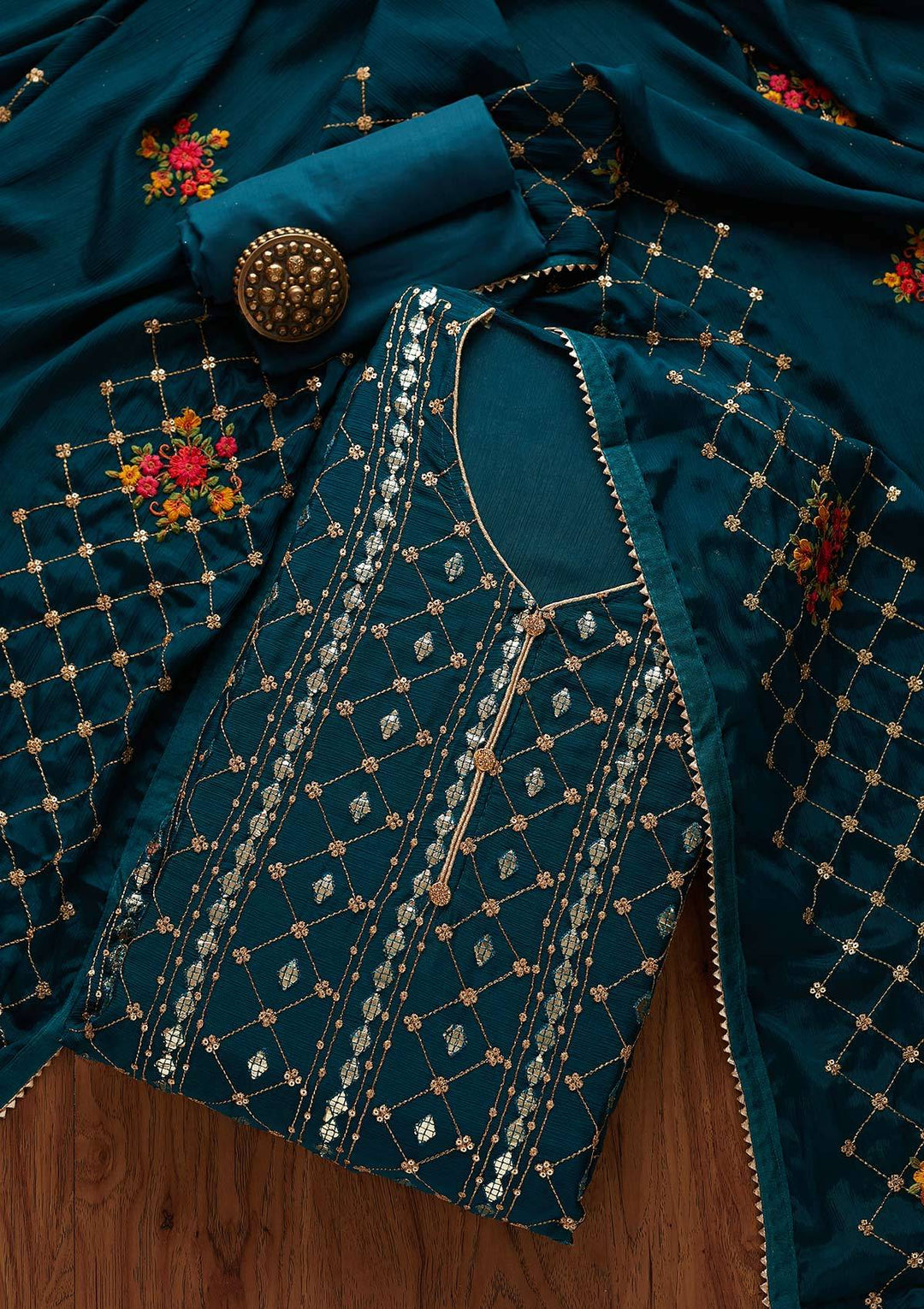 Peacock Blue Sequins Chanderi Designer Unstitched Salwar Suit - Koskii