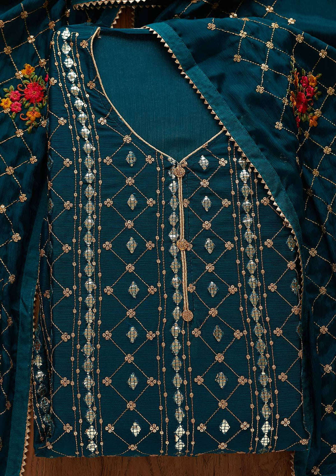 Peacock Blue Sequins Chanderi Designer Unstitched Salwar Suit - Koskii