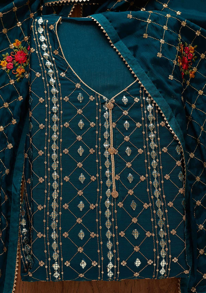 Peacock Blue Sequins Chanderi Designer Unstitched Salwar Suit - Koskii