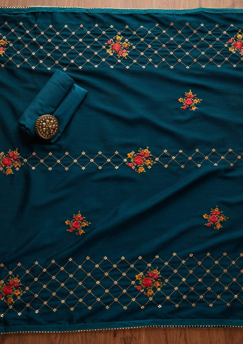 Peacock Blue Sequins Chanderi Designer Unstitched Salwar Suit - Koskii