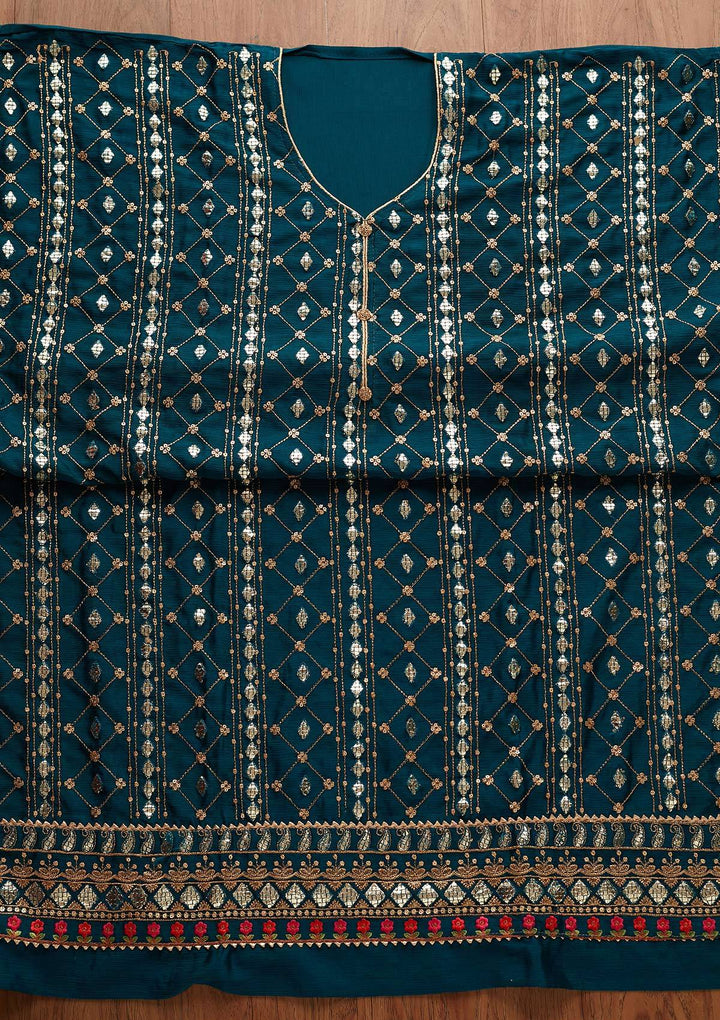 Peacock Blue Sequins Chanderi Designer Unstitched Salwar Suit - Koskii
