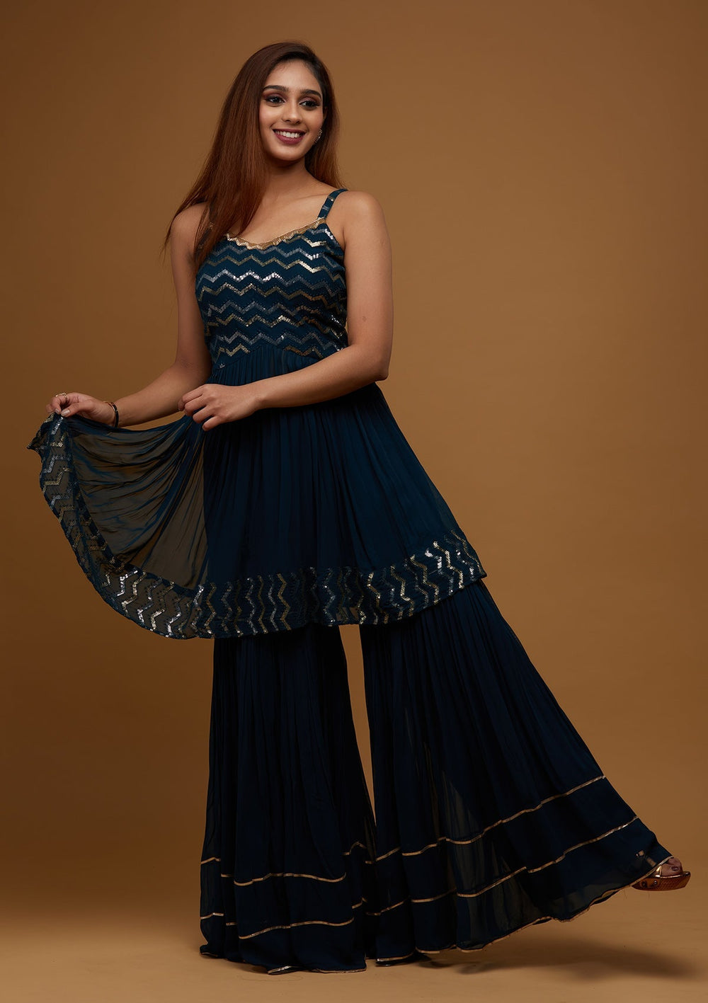 Peacock Blue Sequins Georgette Designer Salwar Suit - Koskii