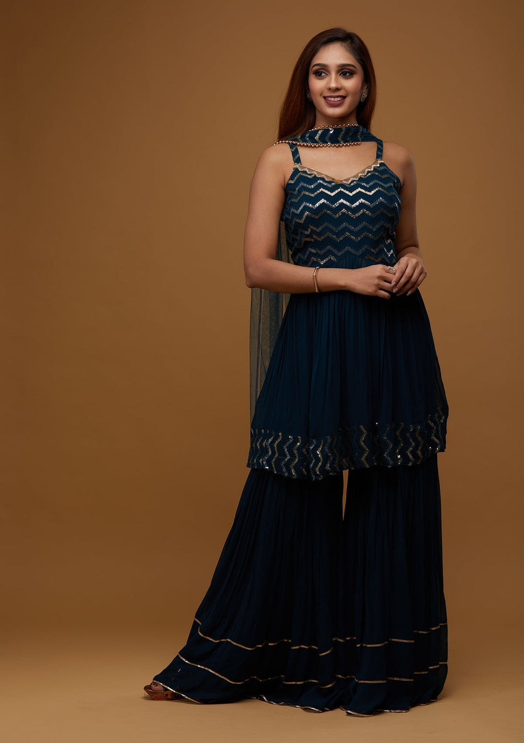 Peacock Blue Sequins Georgette Designer Salwar Suit - Koskii
