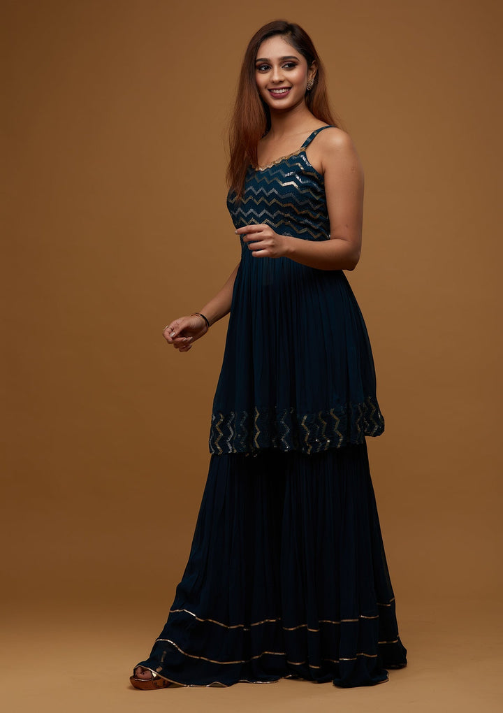 Peacock Blue Sequins Georgette Designer Salwar Suit - Koskii