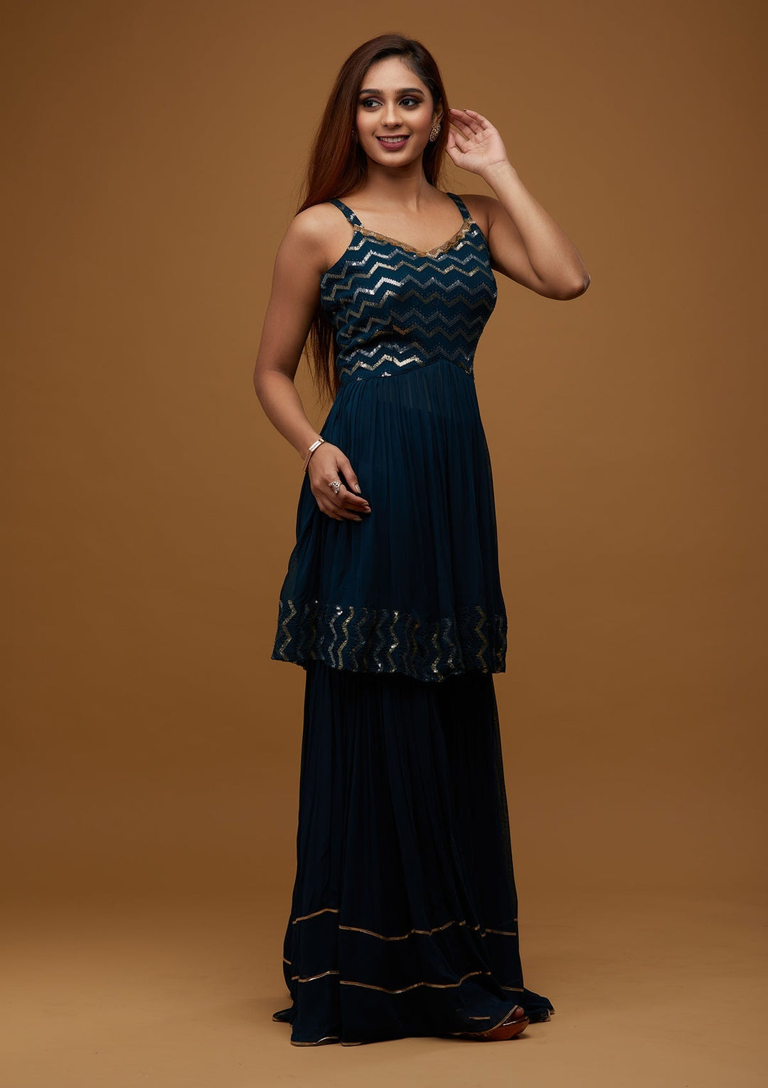 Peacock Blue Sequins Georgette Designer Salwar Suit - Koskii