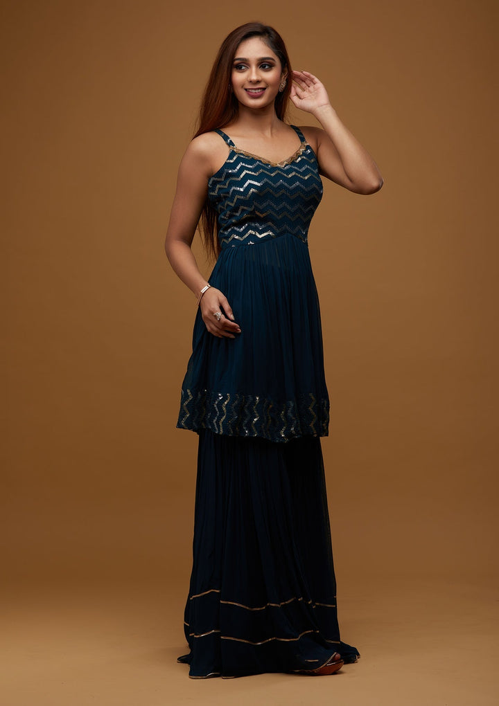 Peacock Blue Sequins Georgette Designer Salwar Suit - Koskii