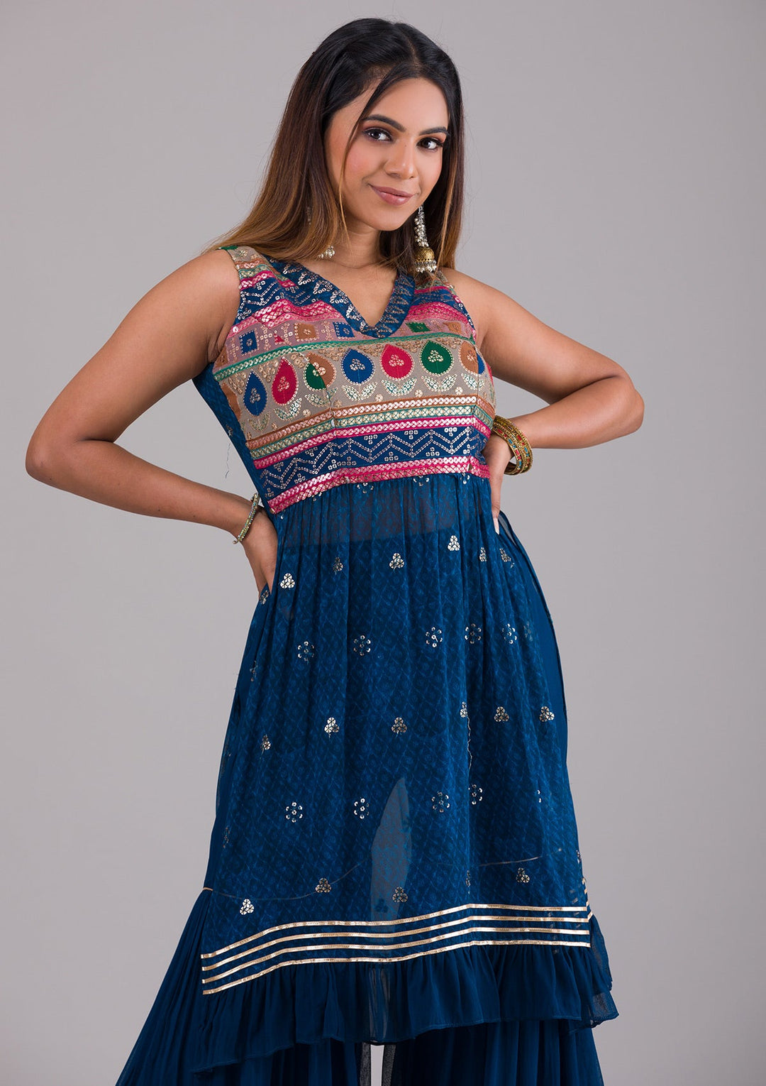 Peacock Blue Sequins Georgette Salwar Suit-Koskii