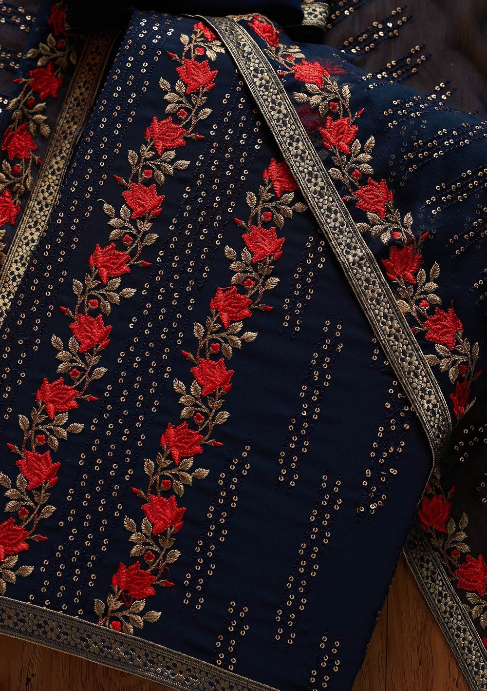 Peacock Blue Sequins Georgette Designer Unstitched Salwar Suit - koskii