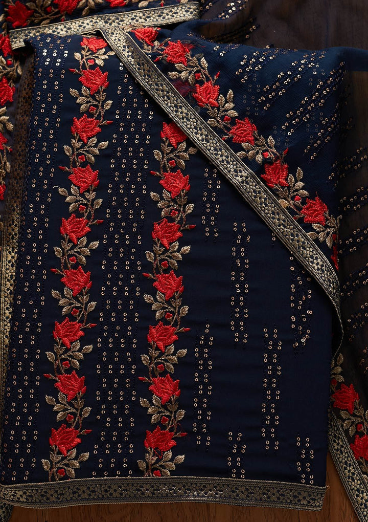 Peacock Blue Sequins Georgette Designer Unstitched Salwar Suit - koskii