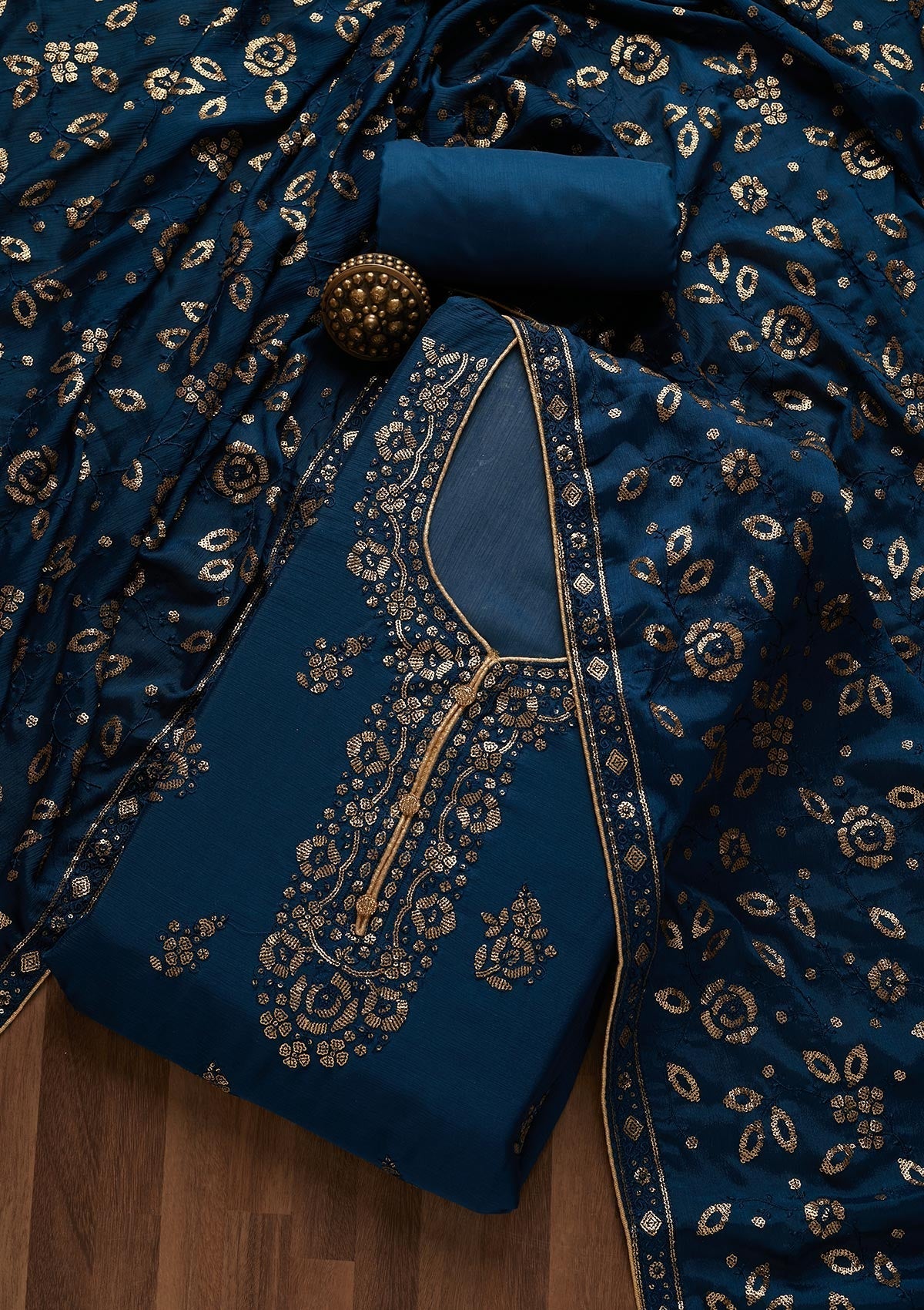 Peacock Blue Sequins Georgette Unstitched Salwar Suit- Koskii