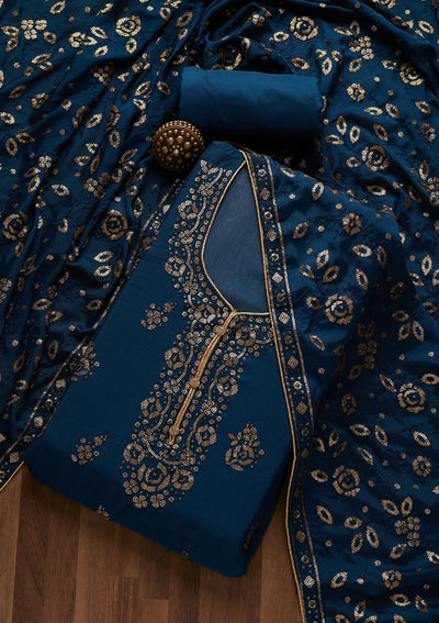 Peacock Blue Sequins Georgette Unstitched Salwar Suit- Koskii