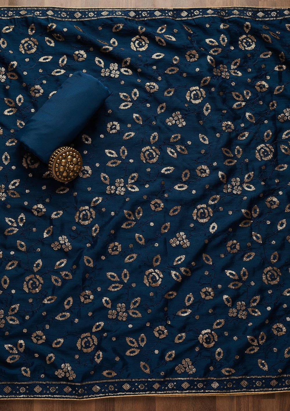 Peacock Blue Sequins Georgette Unstitched Salwar Suit - Koskii