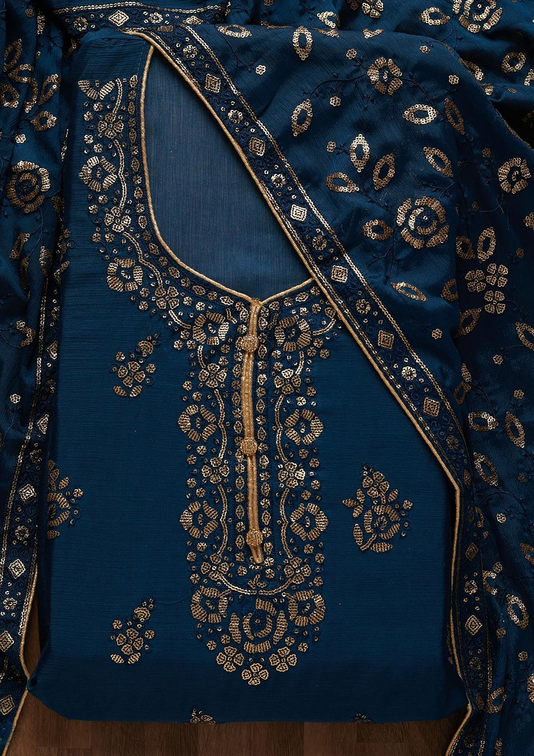 Peacock Blue Sequins Georgette Unstitched Salwar Suit - Koskii