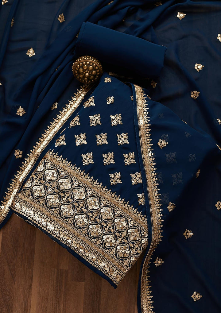 Peacock Blue Sequins Georgette Unstitched Salwar Suit-Koskii