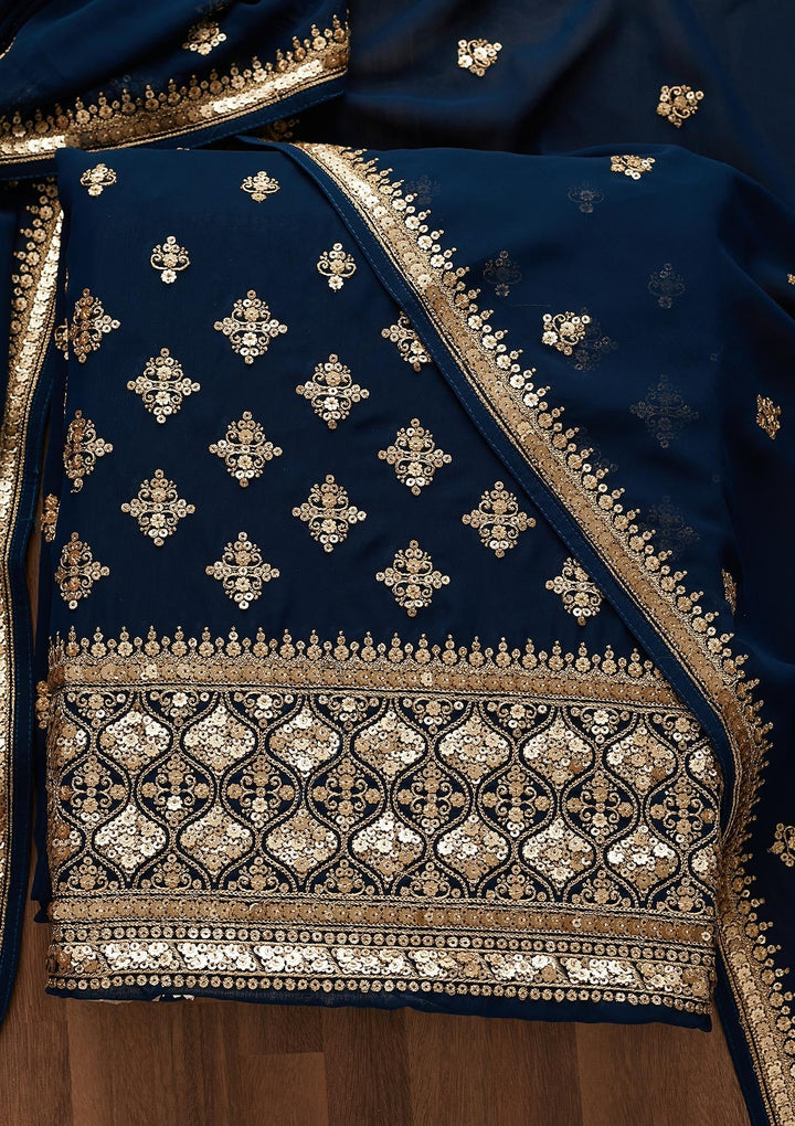 Peacock Blue Sequins Georgette Unstitched Salwar Suit-Koskii