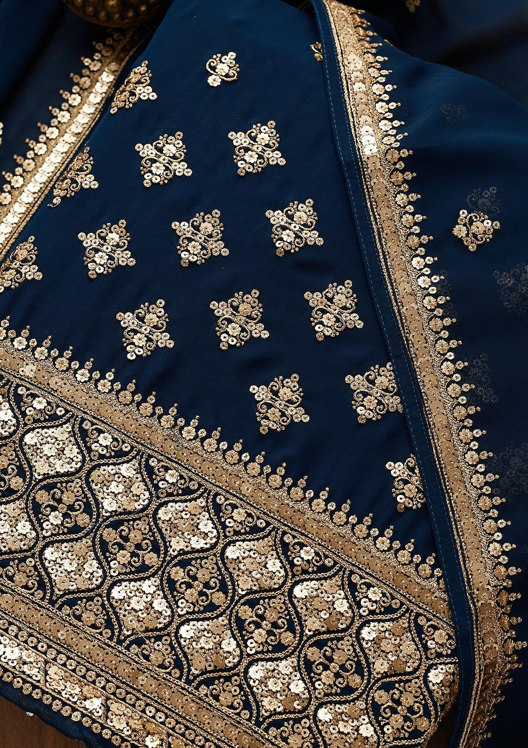 Peacock Blue Sequins Georgette Unstitched Salwar Suit-Koskii