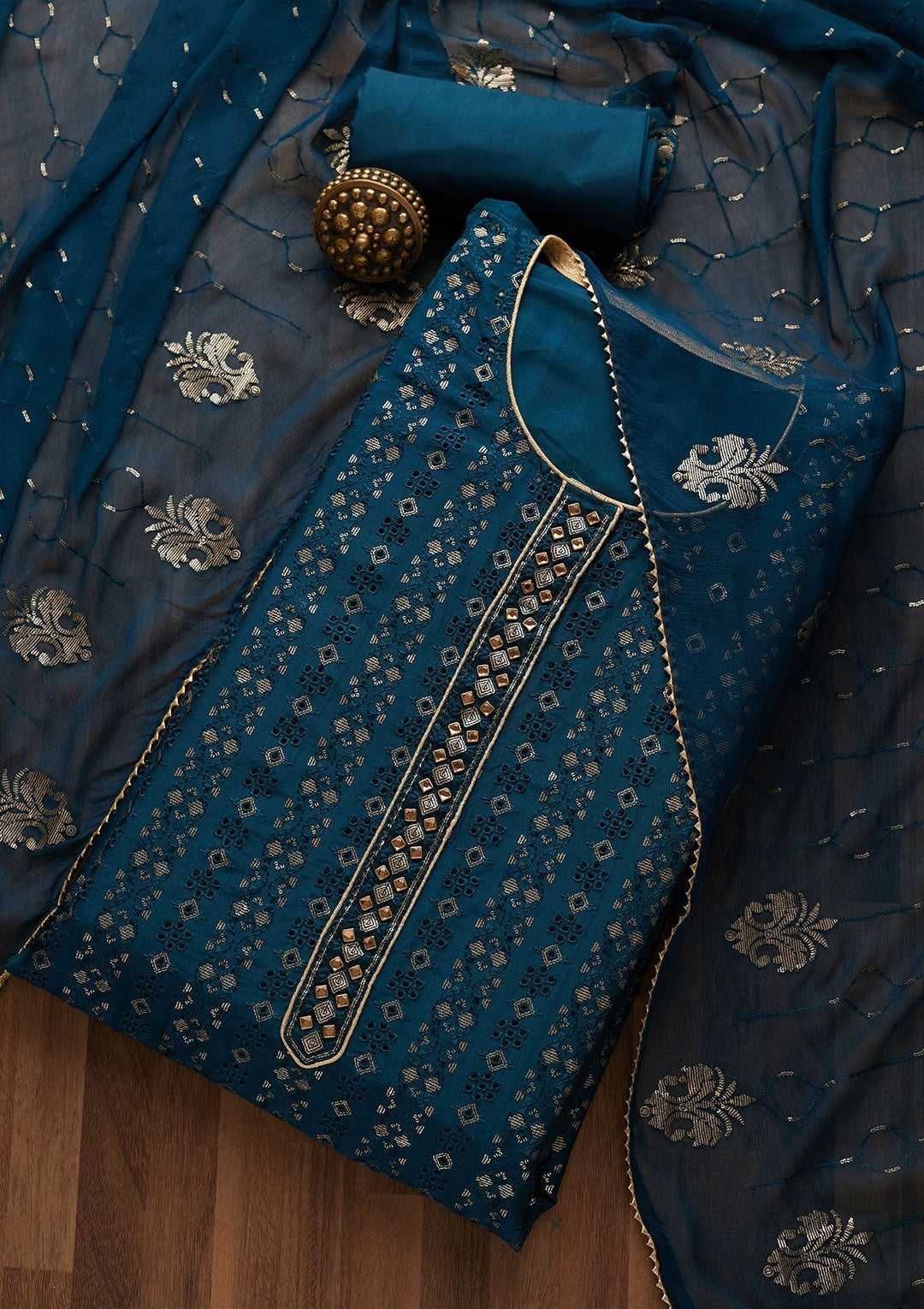 Peacock Blue Sequins Georgette Unstitched Salwar Suit-Koskii