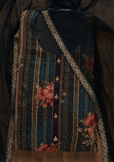 Peacock Blue Sequins Georgette Unstitched Salwar Suit-Koskii