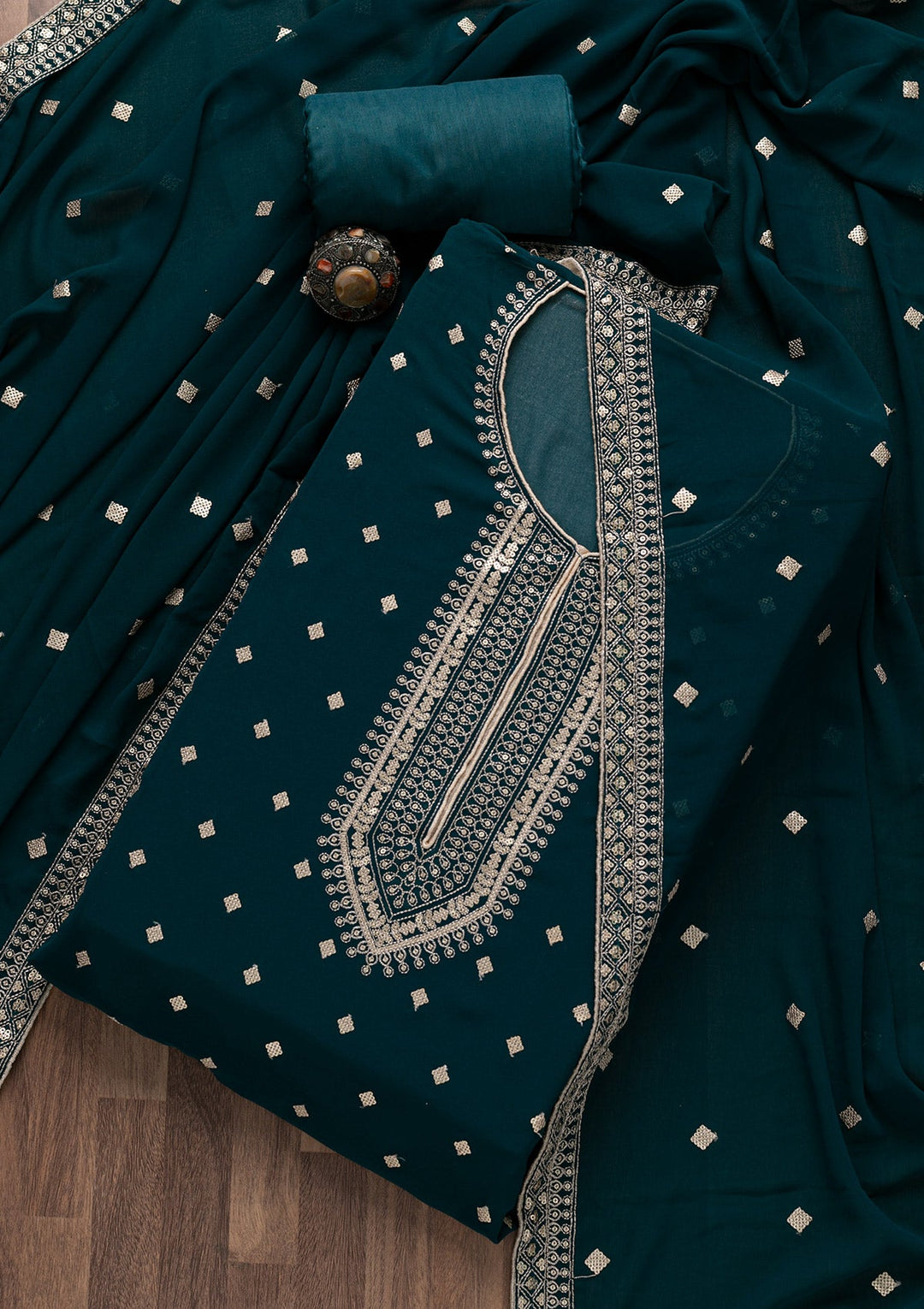 Peacock Blue Sequins Georgette Unstitched Salwar Suit-Koskii