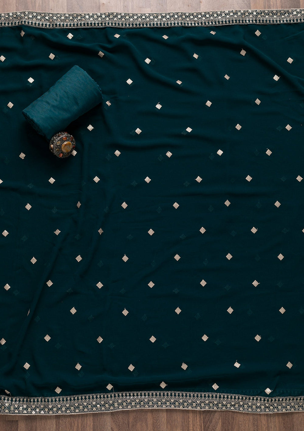 Peacock Blue Sequins Georgette Unstitched Salwar Suit-Koskii